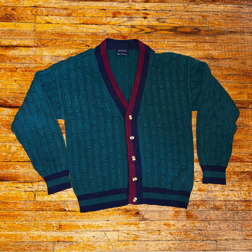 GANT Men's Teal and Burgundy Cardigan